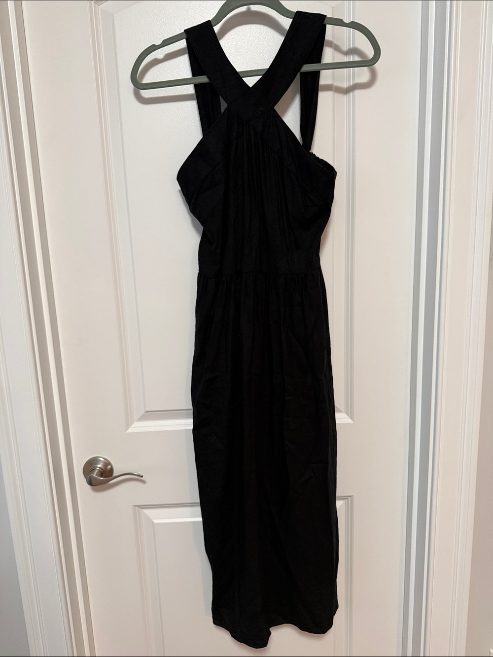 Linen Black Cross-front  Midi Dress